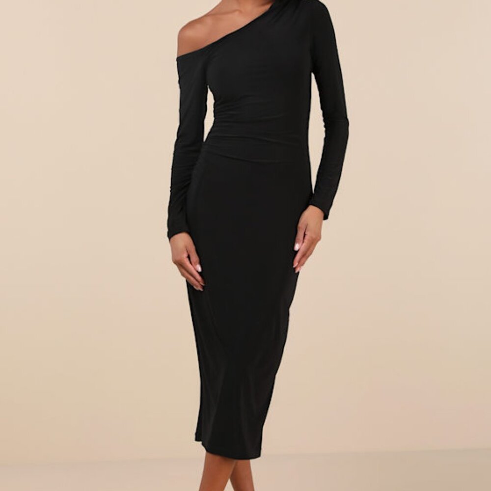 Lulus Vanel Black Slinky Knit Asymmetrical Midi Dress - Size L